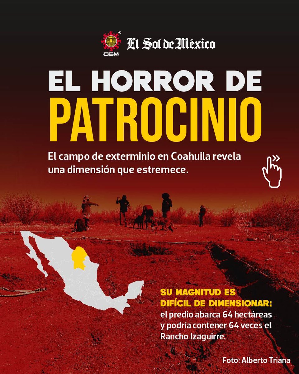 ElSoldeLaLaguna's tweet photo. 🚨 El sitio de Patrocinio en #Coahuila revela la magnitud de la crisis.
Se trata de un predio de 64 hectáreas, una extensión que podría contener hasta 64 veces otros campos de exterminio.
➡️ https://t.co/XhWQHngLNj https://t.co/ihWwbKVWq1