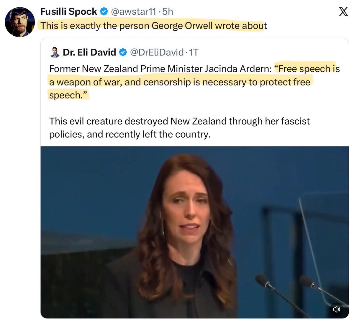 Das ist genau die Person, über die George Orwell geschrieben hat.

Die ehemalige neuseeländische Premierministerin Jacinda Ardern: „Meinungsfreiheit ist eine Kriegswaffe, und Zensur ist notwendig, um die Meinungsfreiheit zu schützen.“

Dieses bösartige Wesen hat Neuseeland durch
