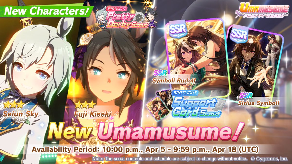 New Pretty Derby Scouts and Support Card Scouts have arrived!

New Trainees:
3★ Seiun Sky and 3★ Fuji Kiseki

New Support Cards:
SSR Symboli Rudolf
SSR Sirius Symboli

#Umamusume
