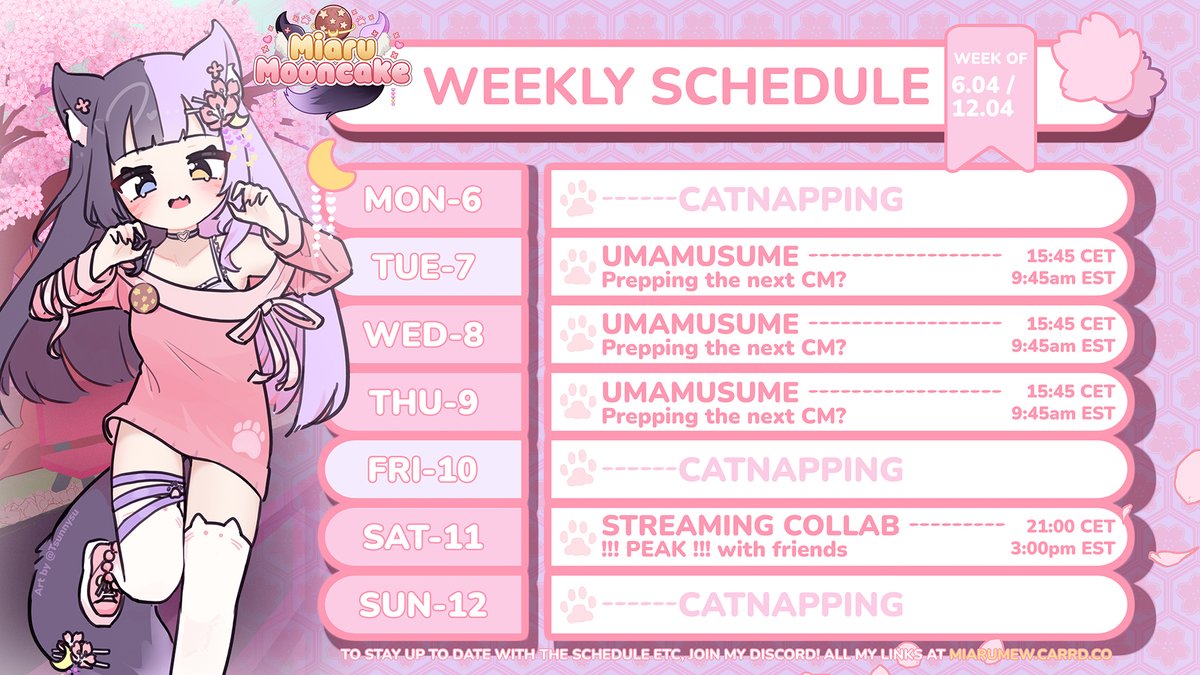 MiaruMew's tweet photo. The new schedule is out!! Hopefully my health will get better and better as the week goes by, I promise to do my best ❤️‍🩹 See you soon mewmews!!! 💫 https://t.co/gz7TSqOvzk