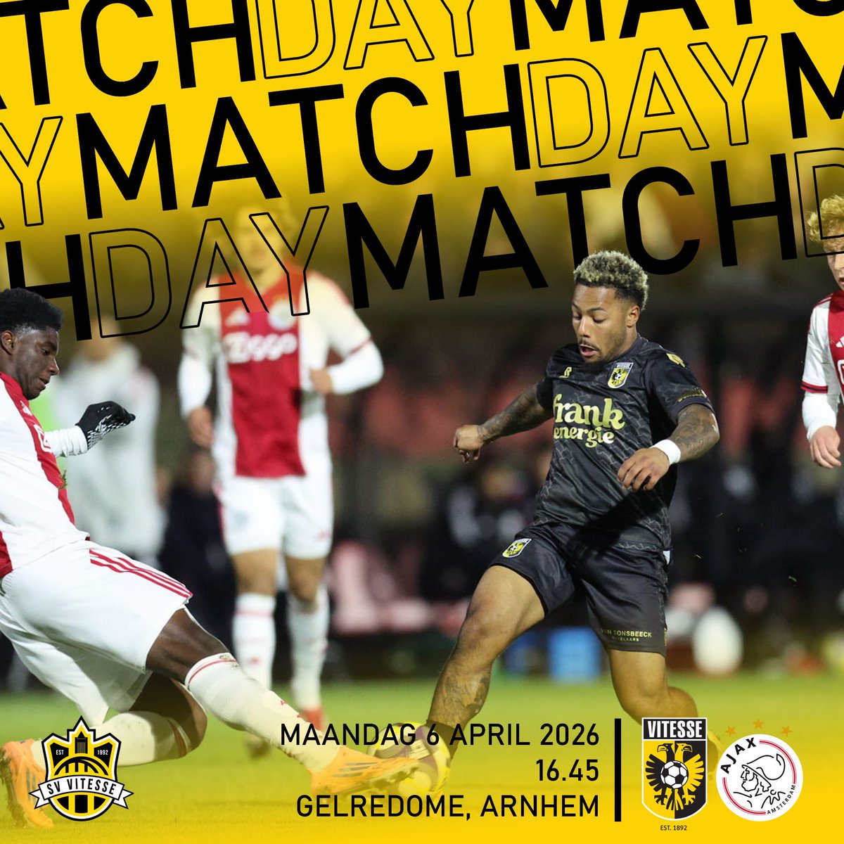 SVVitesse's tweet photo. MATCHDAY!

🆚 Vitesse - Jong Ajax 
📍 GelreDome, Arnhem
🕓 16.45
⚽ Keuken Kampioen Divisie
📽 ESPN Extra 

Wat voorspellen jullie? 🧐 

Het home is geopend vanaf 14.45u. 🍻 

Tot straks! 👋 

#Vitfce #Vitesse https://t.co/W1LlADidpv