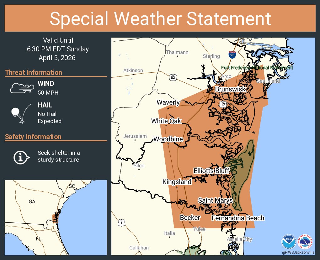 NWSJacksonville's tweet photo. A special weather statement has been issued for Saint Marys GA, Kingsland GA and  Brunswick GA until 6:30 PM EDT https://t.co/IOR8zQiMgi