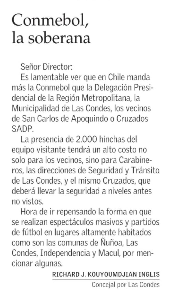 Carta Alternativa;

... cuando se compre o arriende una casa, siempre será importante analizar el entorno YA existente, los pro y contra de elegir un barrio cuyo estadio esta mucho antes que la llegada de los vecinos....

#Loscruzados <a href="/UCatolicaTV/">🇫🇮UCATOLICATV™🇸🇯</a>