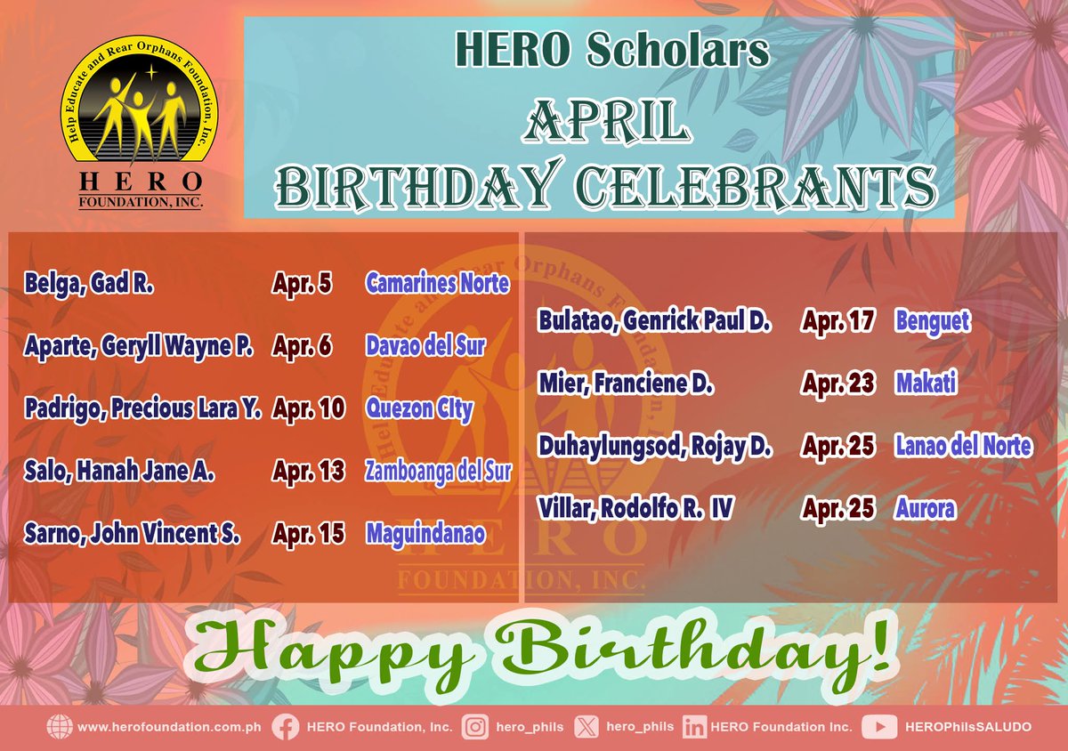 HERO_Phils's tweet image. The HERO Foundation sends its warmest birthday wishes to our April Celebrants.

May this new chapter bring you closer to your goals.

#HappyBirthday #CelebrateLife #HeroFoundationInc #militaryorphans #EducationForAll #SupportaHEROScholar #BeAHeroToOurHeroesChildren