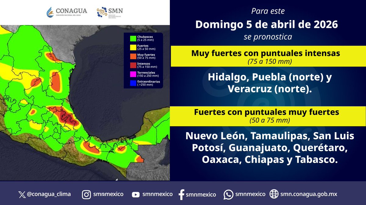 CNPC_MX's tweet image. ⚠️Para este domingo 5 se pronostican #Lluvias de muy fuertes a intensas en zonas de #Hidalgo, #Puebla y #Veracruz:

Atiende las indicaciones de: @SSPCyGRHgo, @PCGobPue y @PCEstatalVer.