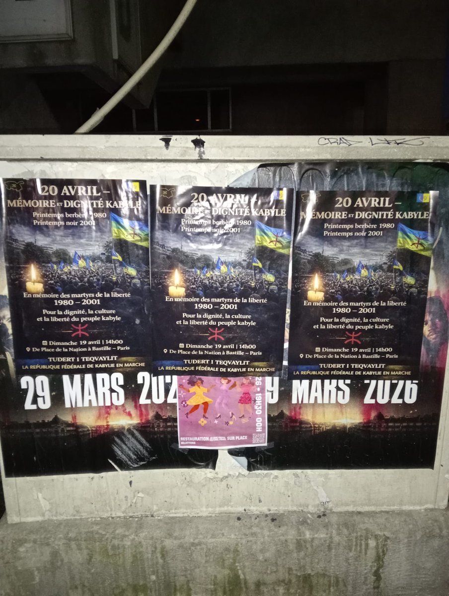 ABellabbaci's tweet photo. 📢 Campagne d’affichage – Marche du Peuple Kabyle à Paris

La campagne d’affichage commence dès aujourd’hui !

➡️ Rendez-vous le 19 avril pour une marche historique !
De Nation à Bastille – 14h

#Kabylie #MarcheKabyle #Paris19Avril #NationBastille #Liberté #Dignité #PeupleKabyle https://t.co/0Xavue8vev