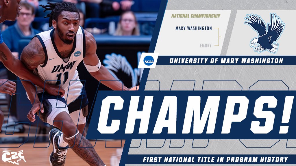 C2CAthConf's tweet image. 🏆 𝙉𝘼𝙏𝙄𝙊𝙉𝘼𝙇 𝘾𝙃𝘼𝙈𝙋𝙄𝙊𝙉𝙎 🏆

#D3Hoops Championship Game | FINAL

Mary Washington 75
Emory 73

@UMWathletics win first title in program history‼️

🏀 ncaa.com/brackets/baske…

#C2CMBB // #Dare2Prepare // @UMW_Basketball