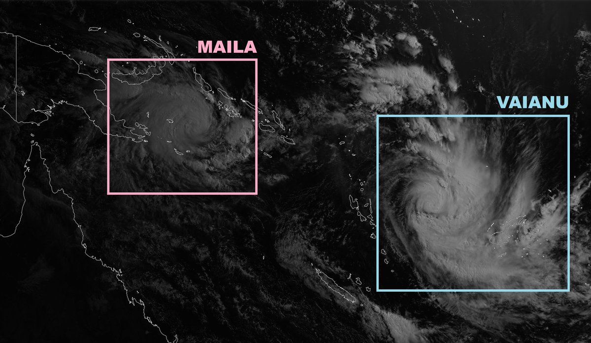 iCyclone's tweet image. * Models are coming together with #Cyclone #MAILA, suggesting it may bring hurricane impact to Papua New Guinea—rare!—&amp;amp; then threaten same part of Queensland #Australia hit by NARELLE.
* Cyclone #VAIANU will strengthen as it snakes between Vanuatu &amp;amp; Fiji, hopefully missing both.