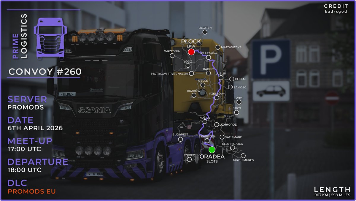 PrimeVTC's tweet photo. Join us tomorrow as we host another ETS2 convoy over on ProMods!

Departing from Oradea] at 18:00 UTC, we will take a long and scenic trip to Płock.

ProMods is required for this convoy! ⚠️

We hope to see you there! 👀

#PrimeLogistics #PrimeVTC #ETS2 https://t.co/pyvaTKGlPK