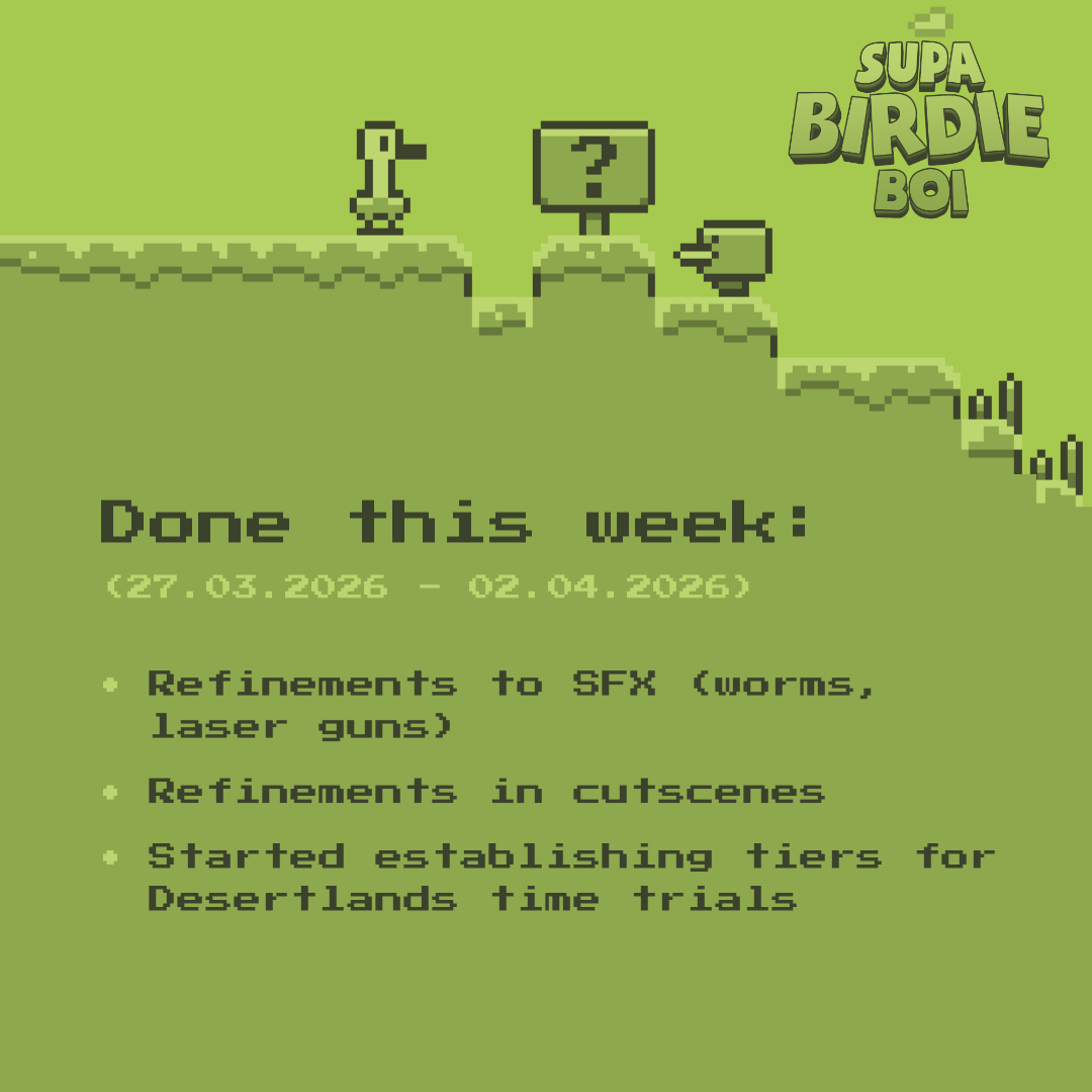 SupaBirdieBoi's tweet photo. The time has come to start knocking down all the small stuff to refine. As it turns out, they fold easily when confronted seriously.
Quality reassured! โ๏ธ
~ written by QA
#DoneThisWeek #gamedev #pixelgame #indiegame #indiedev #gamedevelopment #indiegaming #retrogame https://t.co/mXLtKxhBpt