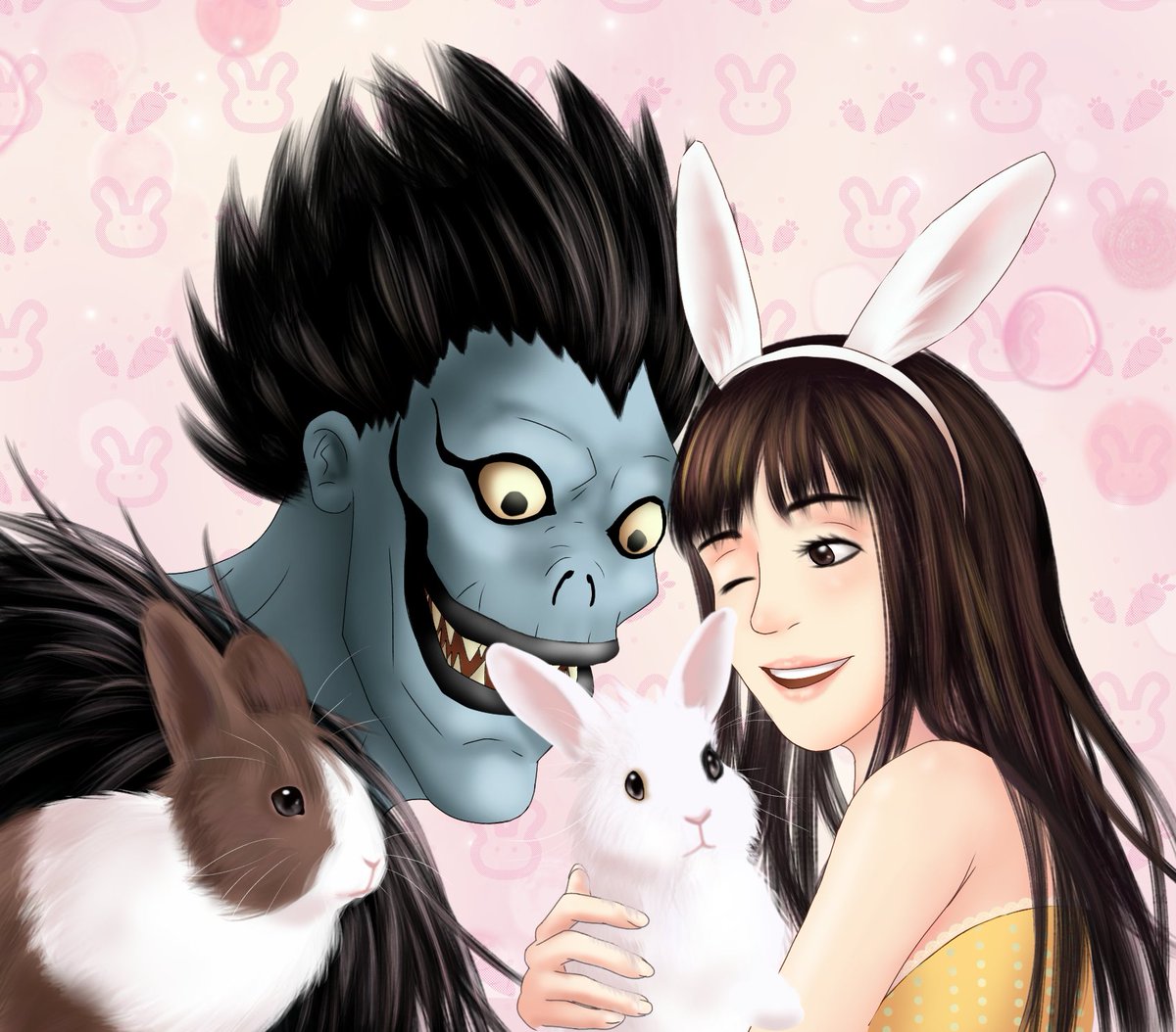 _ShadyMoon_'s tweet photo. Happy Easter from me, Ryuk, Kyo and Yui! 🐰🐰
.
#deathnote #リューク #ryuk #死神 #デスノート #dn #selfinsert #selfship https://t.co/xobVS8t286