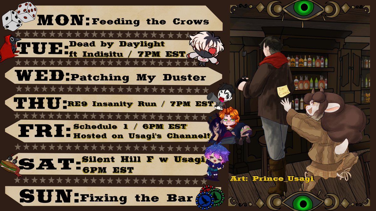 GarrettStrange_'s tweet photo. "Eyes up Killer." 
- 
Tues I'll be joined by Indi for some #DeadByDaylight, Thurs it's our Insanity run in #ResidentEvil9, Friday the Spider Cartel is back in #Schedule1 and Sat it's more #SilentHillF with Usagi 
Join the Crows: https://t.co/Bpmye1sOyI 
#Vtuber #VtuberEN #VSky https://t.co/DZ2w3BOsbw