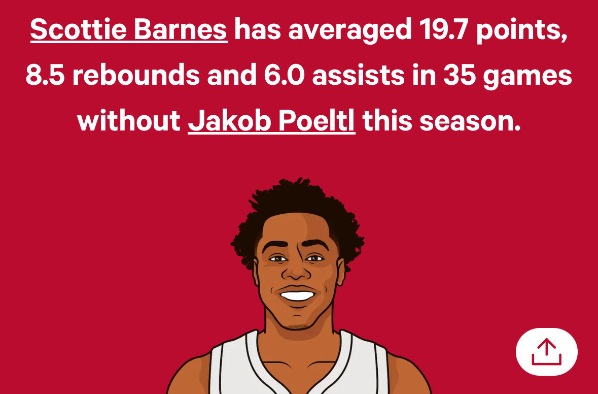 iiiToronto's tweet photo. Scottie Barnes plays with 3 players in the starting lineup that actively make his stats worse because he has to play extra defence to cover up defensive holes. The only player that actually makes Scottie Barnes better is Immanuel Quickley.The blame should be on management &amp; coach https://t.co/TXy2WvjHan
