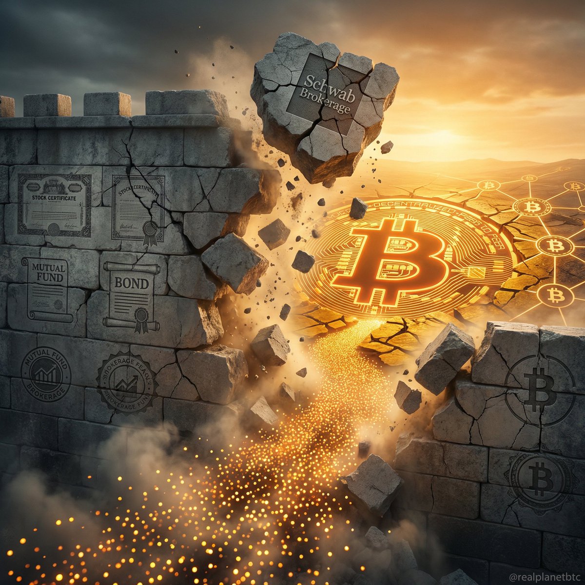 realPlanetBTC's tweet photo. Charles Schwab manages $12.2 trillion.

It has 37 million clients.

By mid-April, every single one of them will have direct access to Bitcoin.

Not an ETF. 

Not a derivative. 

Direct. Spot. Bitcoin.

This is the last great wall between traditional finance and Bitcoin.

And it is falling.

The 37 million dots streaming through the gap aren't speculators.

They're retirement accounts, college funds, and savings portfolios.

The wall is crumbling.

The Bitcoin landscape on the other side was always there.