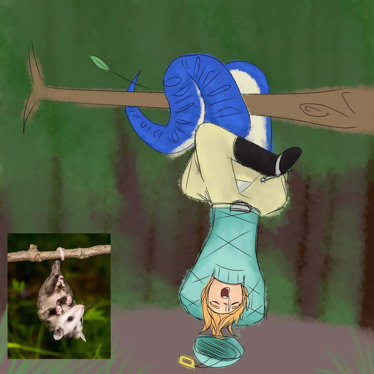 Fudalshi's tweet photo. Been way too busy to actually draw anything properly but. What if dino Diego slept in a tree like a little opossum https://t.co/fGAlKbc5NA