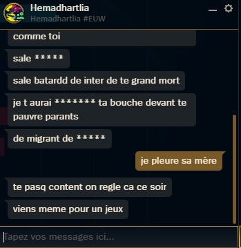 BWiwine's tweet photo. Bonjour monsieur @RiotSupportFR, j'ai reçu d'infames injures racistes de la part de cette horrible personne à cause de mon tag KC (mon équipe de league of legends favorite) (gloire à my ceo kamel kebir) serait-il possible de traiter cette personne comme il se doit svp ? 😃😃 https://t.co/wl6BVvItSM