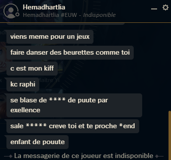 BWiwine's tweet photo. Bonjour monsieur @RiotSupportFR, j'ai reçu d'infames injures racistes de la part de cette horrible personne à cause de mon tag KC (mon équipe de league of legends favorite) (gloire à my ceo kamel kebir) serait-il possible de traiter cette personne comme il se doit svp ? 😃😃 https://t.co/wl6BVvItSM