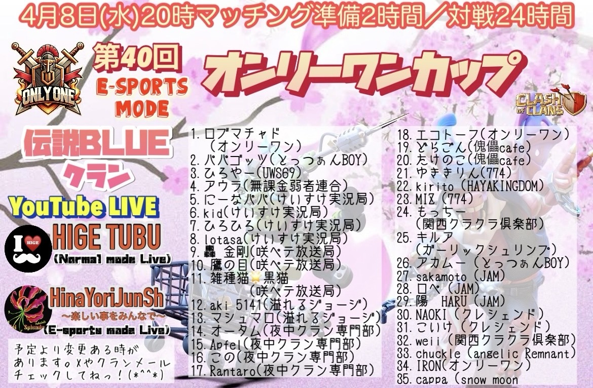 4月8日(水)20:00マッチング

第40回オンリーワンカップイベのチームリストになります😆
今月も皆さんよろしくお願いします✨
チロリン姐さんポスターいつもありがとうございます😍🙏