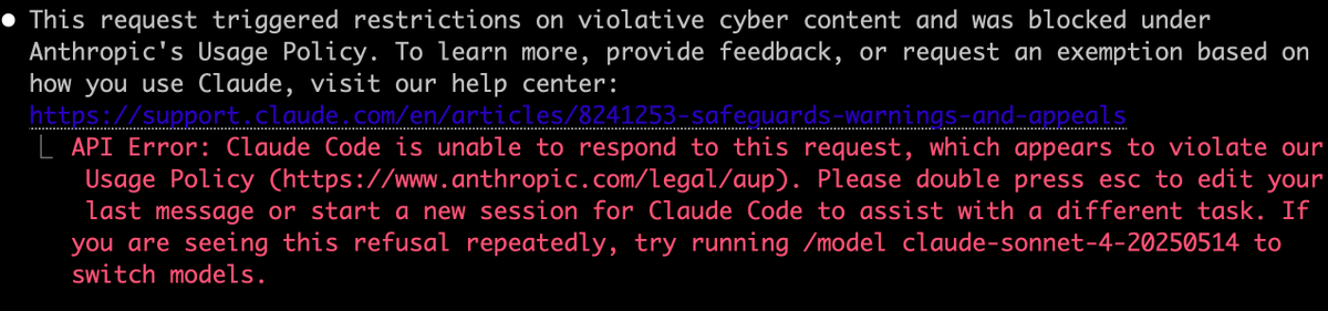 tjbecker's tweet photo. Seems like Anthropic tweaked Claude's restrictions on "violative cyber content". Went to resume a few of my exploit-dev sessions and started seeing these errors. Similar reports coming in from other researchers. https://t.co/9QQlmDV0G7