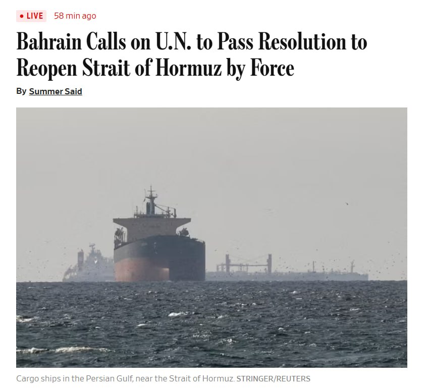 🇧🇭🇮🇷🇺🇳⚡️‼ — Bahrain calls on the UN to pass a resolution authorizing force to open the Strait of Hormuz to avert a humanitarian and economic crisis.