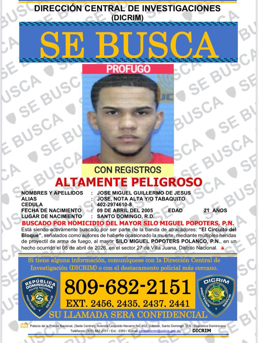 La Policía Nacional activó la búsqueda de otros cuatro presuntos implicados en la muerte del mayor Silo Miguel Popoters Polanco, ocurrida en el sector Villa Juana, al tiempo que informó la captura de uno de los miembros de la estructura delictiva y abatió al presunto cabecilla