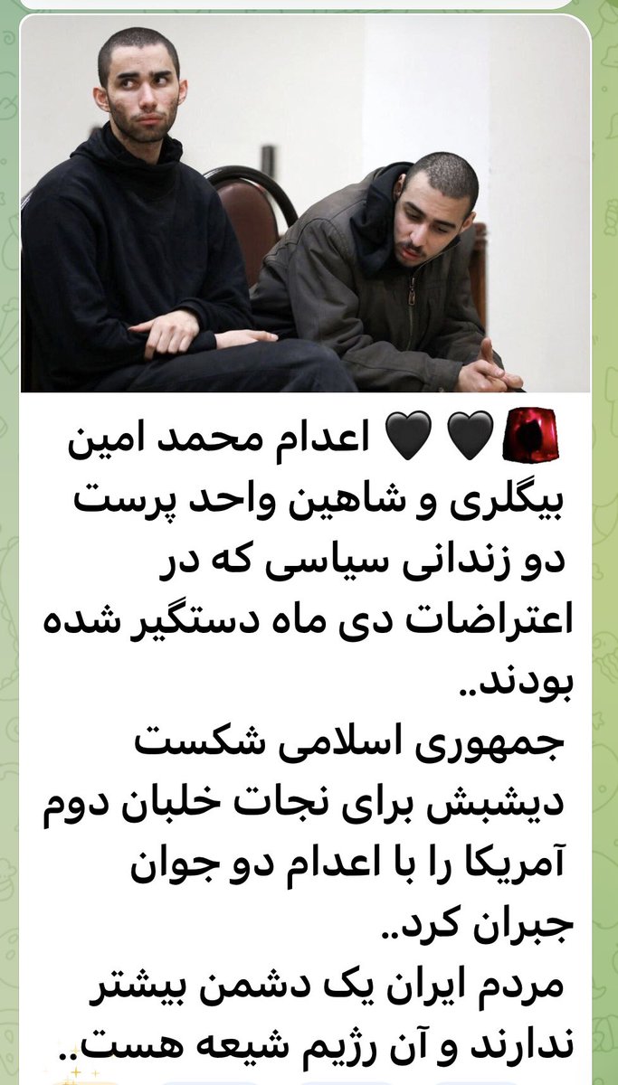 The transition to below 

Execution of Mohammad Amin Biglari and Shahin Vahedparast, two political prisoners who were arrested during the January protests...

The Islamic Republic compensated for its failure last night to rescue the second American pilot by executing two young