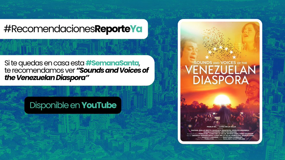 #5Abr #RecomendacionesReporteYa #SemanaSanta
"Sounds &amp; Voices of the Venezuelan Diaspora" es un documental que retrata cómo la migración venezolana se expresa a través de la música, reconstruyendo identidad, memoria y pertenencia lejos del país.

Una mirada sensible a la diáspora