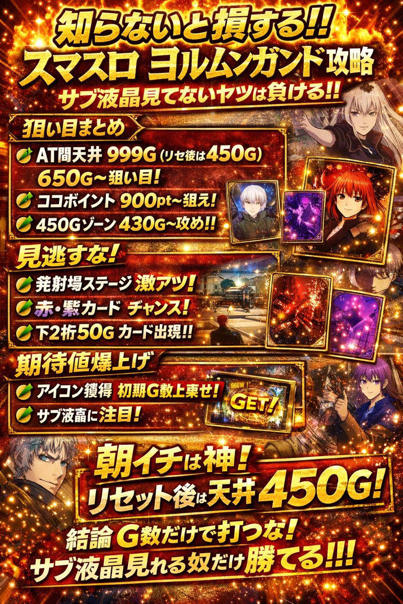 god_072's tweet photo. 🔥知らないと損する🔥
【スマスロ ヨルムンガンド 攻略まとめ】

⚠️この台 “サブ液晶” 見てない人は負けます

⸻

🎯狙い目まとめ

✅AT間天井
▶︎999G（リセ後・上位CZ後は450G）
👉 650G〜で期待値◎

✅ココポイント
👉 900pt〜狙え

✅規定G��ゾーン
👉 450Gゾーンは430G〜攻め

⸻

👀見逃し厳禁ポイント

✅ステージ
👉 発射場ステージはチャンス台

✅カード示唆
👉 赤・紫カードは激アツの可能性あり

👉さらに
下2桁50Gでカード出現＝示唆チェック必須

⸻

💰期待値ブースト要素

✅アイコン獲得時
👉 初期G数上乗せあり
👉 サブ液晶に表示＝即チェック

👉あるだけでボーダー下げてOK

⸻

🌅朝イチは神

👉リセット＆上位CZ後は
天井450Gに短縮

＝超狙い目ゾーン

⸻

🔥結論🔥
「G数だけで打つな」
👉サブ液晶見れる人だけ勝てる台

🌈新台狙い目はLINEオプチャでばら撒くよ🩷超優良級情報をどんどん拡散🌈