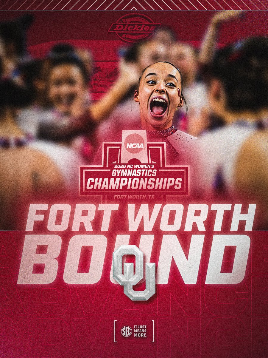 SEC's tweet photo. FORT WORTH BOUND 📍

A 16th-straight regional title sends @OU_WGymnastics to the National Semifinals!

#SECGYM x #ncaaGym https://t.co/RrRaDD6DK6