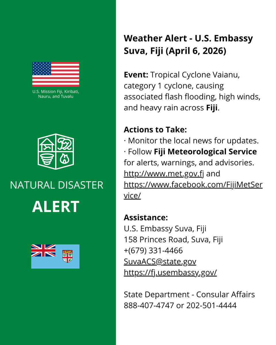 📣🇫🇯 Tropical Cyclone Vaianu is currently causing flash flooding, high winds, and heavy rain across Fiji. Monitor local news and follow <a href="/FJMETservice/">Fiji Meteorological Service</a> for updates.

📣 U.S. citizens: enroll in STEP for alerts and assistance ➡️ step.state.gov