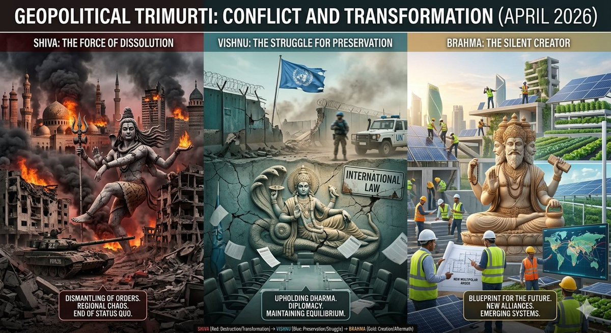 MosheLandman's tweet photo. The Geopolitical Trimurti of 2026: 
​🔥 Shiva’s fire dissolves 20th-century borders.
🛡️ Vishnu fights to uphold global Dharma &amp; law.
🏗️ Brahma quietly drafts the new multipolar blueprint.
​Destruction isn't the end—it's the transition. 🕊️✨
​#Geopolitics #Trimurti #NewWorldOrder https://t.co/XswhIbjzPA