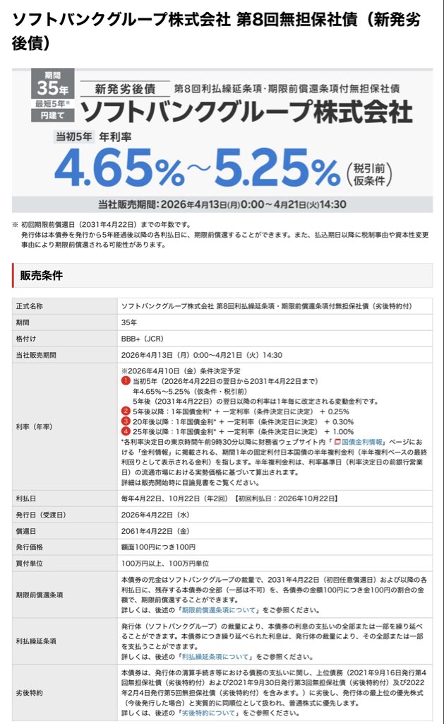 ソフトバンクグループとかいうジャンク債ぎみのハイリスク社債で、35年という超長期にも関わらず利回り5%程度ってどういう金融商品？

しかも頼みの利息すら、ソフトバンク側の都合で支払いを遅らせられる条項付き笑

リスクリターン合わなすぎて、誰が買うの？って思うんだけど