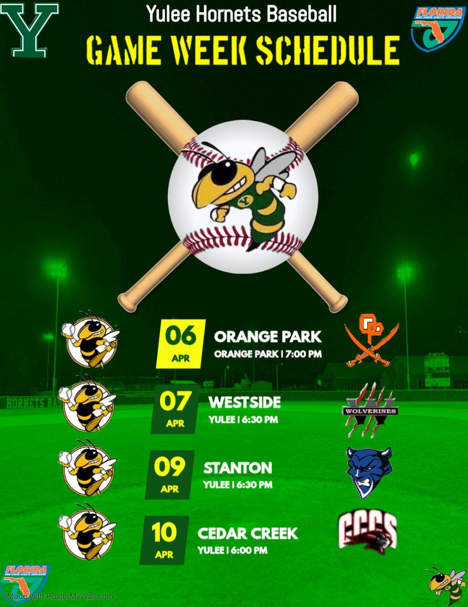 Yulee__Baseball's tweet photo. ‼️🐝⚾️ BIG WEEK for the Hornets!‼️🐝⚾️ This week is the last week of the regular season! Hornets hit the road tomorrow and conclude the regular season with 3 homes games including Senior Night  this Tuesday! #YuleeHornetsBaseball26 #StingEm https://t.co/hW8o0uv4AQ