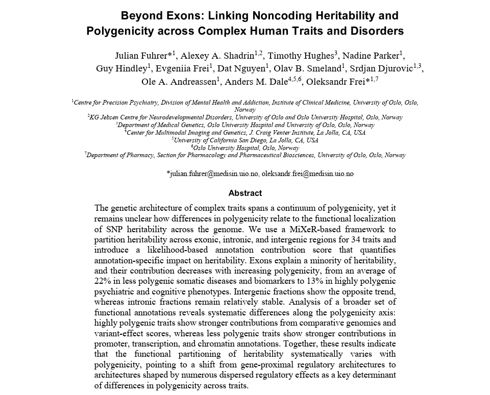 gen0m1cs's tweet photo. i mean, this should be pretty self-explanatory but still a good read.  

(i.e., as traits become more polygenic, the relative contribution of localized, gene-proximal (especially exonic) effects decreases, while heritability becomes increasingly dominated by distributed, largely noncoding regulatory effects across the genome, with substantial and relatively stable contributions from intronic regions.)