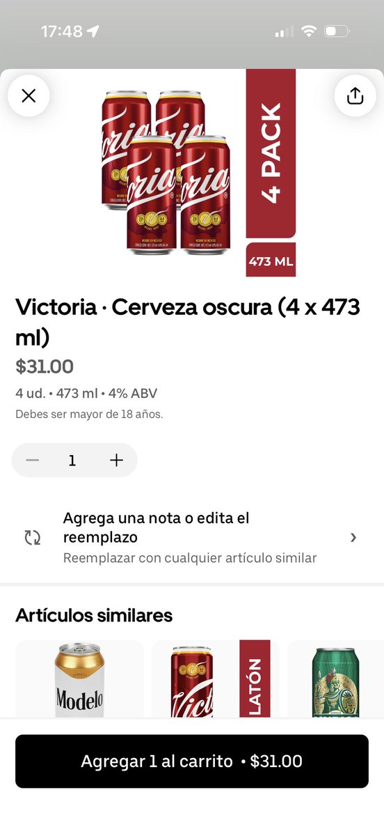 FerP27's tweet photo. Hola @UberEats hoy tuve un inconveniente en tu app hay una promo de 4 latas por $31, se hizo el pedido por 6 promociones y solo entregaron 6 latas, el repartidor comenta que en la tienda le dijeron que eran 4 cervezas y dos de regalo algo que no está explícito en tu promoción… https://t.co/ARQRwLms7Z