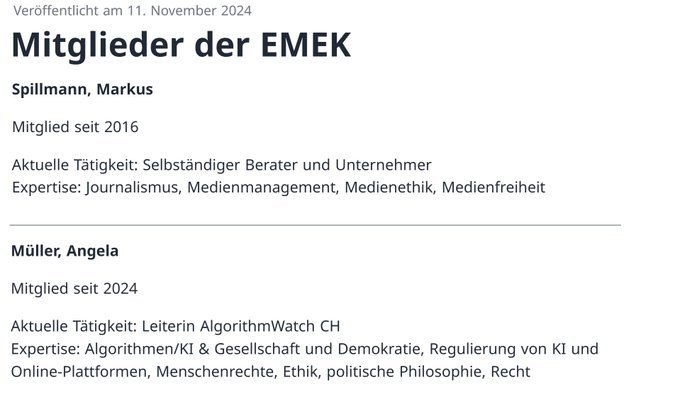 eCom_ki's tweet photo. 🔴Die Gefahr einer "staatlich moderierten Öffentlichkeit".

Nachdem sich SRF nicht einschränken muss, wird es für kleinere Medien schwierig werden, wollen sie kein Teil vom "Medienkartell" werden.
Die Konzentration von Marktmacht und Meinungsmacht gefährdet die Vielfalt der Inhalte.

Die Lobbyistin Anna Jobin, Präsidentin EMEK (2021-2026, MG seit 2019) fordert eine "Art Twitter der SRG", um die Deutungshoheit und Themensetzung zu kontrollieren.

Weiters kritisiert die EMEK-Präsidentin die Deutungshoheit von ausländischen Plattformen wie X.
Diese Aussage ist falsch, X hat in der Schweiz keine Deutungshoheit im Gegensatz zu SRG, die mit Gebührenmilliarden und hoher Reichweite in Radio, TV, Online dominiert.

SRF, ein öffentlich-rechtlicher Rundfunkanbieter, das keine kommerzielle Kommunikationsplattform oder Suchmaschine betreibt, fällt nicht unter den Geltungsbereich des #KomPG Gesetzes.
X und andere grosse Plattformen sollen hingegen eingeschränkt werden. 
Das KomPG ist ein "DSA-light" für die Schweiz.

🔴Jobins Formulierung ist typisch für den EUropäischen-Diskurs: Plattformen werden als Bedrohung dargestellt, weil sie unkontrollierte Meinungsbildung ermöglichen, während der gebührenfinanzierte öffentlich-rechtliche Rundfunk als "Service public" geschützt wird. Das ist ein klassischer Double Standard.

Dass die Kosten über eine Aufsichtsabgabe direkt von den betroffenen Konzernen getragen werden soll, macht das Vorhaben politisch mehrheitsfähig, da es den Steuerzahler finanziell nicht belastet.

Einmal etablierte Lehrmeinungen, Regulierung von Tech-Giganten oder Medienförderung, werden kaum noch hinterfragt, da die Kritiker oft gar nicht erst in die Beiräte berufen werden. Das führt zu einer intellektuellen Monokultur.

.
🔴Warum wohl hat die #SP 1.6 Millionen Schweizer Franken in die SRF-Abstimmung "investiert"?
Wer würde sonst mit so grosser Reichweite "gratis" ihre linken Narrative verbreiten?
Und Lobbyisten sorgen dafür, dass das KomPG so ausgestaltet wird, dass die Konkurrenz vom Markt gedrängt oder ausgeschlossen wird.
#AlgorithmWatch  

.
🔴Viele Akteure sind gleichzeitig in wissenschaftlichen Beiräten, Stiftungsräten oder als Experten für das BAKOM tätig. Diese personellen Überschneidungen führen zu einer sehr kohärenten Expertenmeinung in Bern.

.
🔴EMEK:
Die Emek berät den Bundesrat und die Verwaltung zu Medienfragen. In Jobins Amtszeit hat die Kommission unter anderem Grundlagen erarbeitet zur Förderung privater journalistischer Organisationen, zur Ausgestaltung des Service public im digitalen Zeitalter sowie zur Rolle und Macht digitaler Plattformen.
Die Nachfolge des Emek-Präsidiums wird vom Bundesrat bestimmt.

Die Präsidentin der ausserparlamentarischen Eidgenössischen Medienkommission (EMEK) hat dazu aufgerufen, der Krise der Medien entgegenzuwirken.
Die Diskussion über eine direkte Finanzierung der Medien müsse fortgesetzt werden, sagte Anna Jobin.
29.08.2024
https://t.co/KABTCejlBo

Nach Pults (SP) Schätzung würde eine Erhöhung der Mehrwertsteuer um 0,3 bis 0,4 Prozentpunkte ausreichen, [..] Um die Unabhängigkeit der Medien zu gewährleisten, schlägt Pult vor, den aus der Mehrwertsteuer generierten Betrag in einen unabhängigen Fonds zu überführen. Das Bakom würde weiterhin die Kontrolle und Mittelzuweisung übernehmen.
17.10.2024
https://t.co/1olU0qqavu

.
▪️EMEK - Mitglied Markus Spillmann.
Ist Geschäftsführer vom Mercator-Projekt  
"Erste Schweizer Plattform für Nachrichtenkompetenz".

▪️EMEK - Mitglied Angela Müller,
#NGO Algorithm Watch.
AlgorithmWatch, Schweiz-Ableger von einem Deutschen-NGO, Teilnehmer an "Roundtables" - massgeblicher Sponsor Stiftung #Mercator. 
Fokus: Algorithmische Transparenz, Plattformregulierung, KI-Ethik – Themen, die stark mit BAKOM / EMEK-Beratungen zu KomPG und Plattformmacht übereinstimmen. 
AlgorithmWatch liefert genau die Argumente und Forderungen, die von EMEK, BAKOM, SP-Positionspapiere gerne aufgegriffen werden.

▪️EMEK Präsidentin & HIIG in Berlin.
Das HIIG hat mehrere grössere Forschungsprojekte von der Stiftung Mercator finanziert bekommen; zu genau den Themen, die sie als EMEK-Präsidentin in der Schweiz beraten hat.
Themen: Rolle digitaler Plattformen, Service public im Digitalen, Medienförderung.

▪️SP-Positionspapieren und Stellungnahmen, die EMEK-Vorschläge, insbesondere zu Service public im digitalen Zeitalter, Plattformregulierung und Medienförderung aufgreifen:

Stellungnahme der SP Schweiz zur Vernehmlassung KomPG. 
Die SP begrüsst das KomPG ausdrücklich, fordert aber eine noch stärkere und raschere Regulierung. 
Sie betont den Schutz der Demokratie vor unkontrollierter Plattformmacht – während der Service public SRG geschützt bleibt. Dies greift EMEK-Themen zu Plattformmacht und Deutungshoheit direkt auf. 
https://t.co/lbujgbvVSV

Positionspapier Big Tech: Eine Gefahr für die Demokratie?
Die SP fordert eine griffige und rasche Regulierung von Online-Plattformen und positioniert Big Tech explizit als Gefahr für die Demokratie. 
Das Papier läuft thematisch parallel zu EMEK-Empfehlungen zu Plattformmacht und der Notwendigkeit staatlicher Gegenmassnahmen inkl. Medienkompetenz.
https://t.co/9mVufHqTip

Papier zur Medienpolitik: Für ein demokratiegerechtes Mediensystem.
Der mediale Service public wird stark betont, neue Wege der Medienförderung gefordert und die Rolle kompetenter NutzerInnen im digitalen Zeitalter thematisiert. 
Es dient als Grundlage für spätere SP-Positionen und greift viele EMEK-Ideen, Service public im Digitalen, Medienvielfalt auf.
https://t.co/lhvexrB0ap

.
🔴Medienkartell:

🔷Der Deal zwischen SRG und VSM ist ein klassischer Schachzug der Realpolitik, um die Reihen zu schliessen. Man opfert ein Stück Wettbewerb, um das System als Ganzes zu retten. Die SRG behält ihre Marktmacht und macht den Rest abhängig.

Die kleineren Verleger geben sich im Rahmen des VSM-Deals mit den Krümeln ab, die ihnen SRG zugesteht.

◆Während die privaten Medienhäuser früher die Speerspitze der SRG-Kritik bildeten, sind sie heute fast zu deren PR-Abteilung geschrumpft, finanziert durch die Gebührenzahler, die sie eigentlich schützen sollten.

Wenn man die exorbitante Investition der SP in die SRF-Abstimmung sieht, wäre der Verlust dieses gebührenfinanzierten Mediums mit grosser Reichweite für linke Narrative einschneidend gewesen.

◆Eine vielfältige Medienlandschaft entsteht dann, wenn die SRG den Markt nicht mit Gebührenmilliarden dominiert.

#Medien #SRF #KomPG #SocialMedia #EMEK #BAKOM   

https://t.co/van7FLHlov