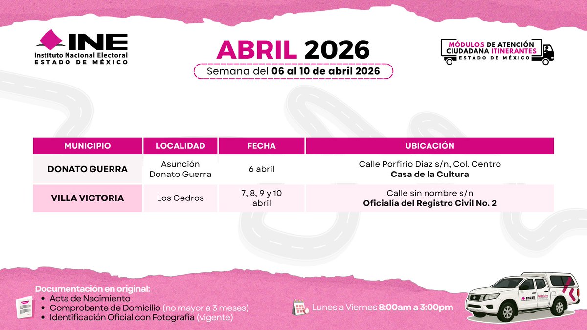 INEedomex's tweet photo. (1/3)

📢 Atención ciudadanía. 

Conoce las fechas y horarios donde estarán los Módulos de Atención Ciudadana Itinerantes del @INEedomex🚚.

🗓️ Semana del 6 al 10 de abril 2026. https://t.co/vR2QKickXx