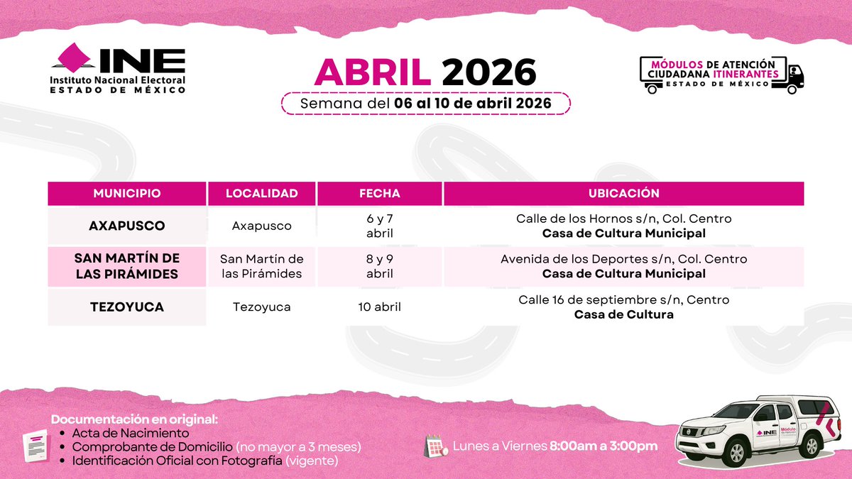 INEedomex's tweet photo. (1/3)

📢 Atención ciudadanía. 

Conoce las fechas y horarios donde estarán los Módulos de Atención Ciudadana Itinerantes del @INEedomex🚚.

🗓️ Semana del 6 al 10 de abril 2026. https://t.co/vR2QKickXx