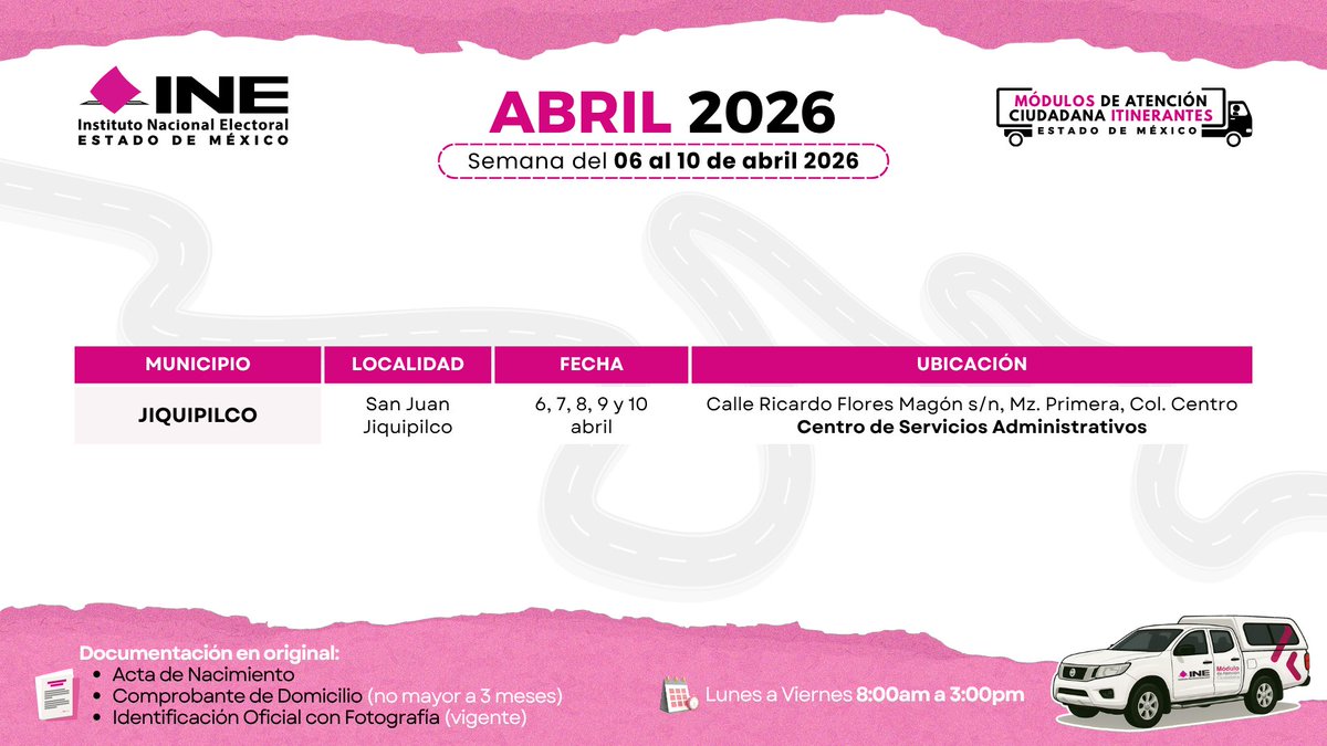 INEedomex's tweet photo. (1/3)

📢 Atención ciudadanía. 

Conoce las fechas y horarios donde estarán los Módulos de Atención Ciudadana Itinerantes del @INEedomex🚚.

🗓️ Semana del 6 al 10 de abril 2026. https://t.co/vR2QKickXx