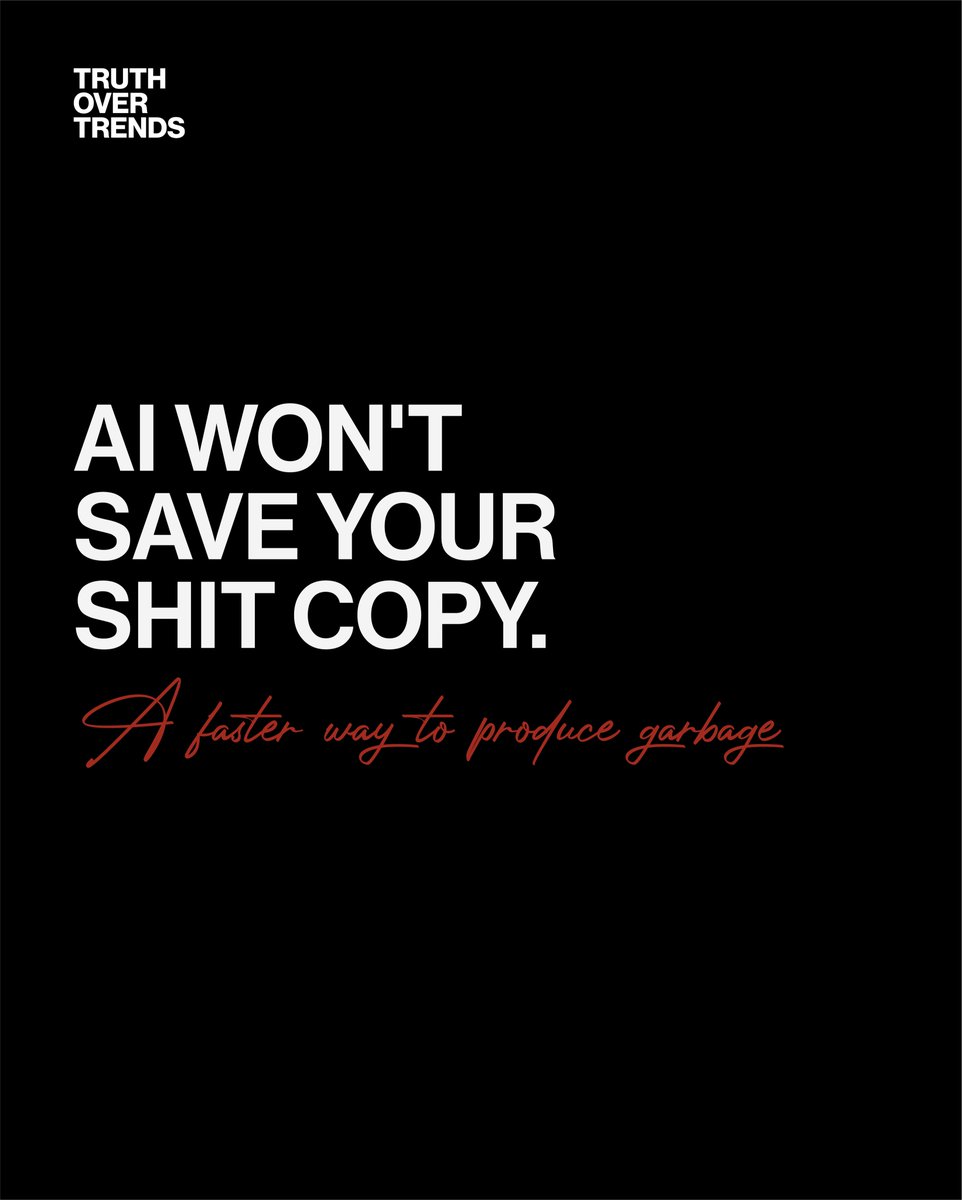 SerranoStrategy's tweet image. Robots can't feel pain, ambition, or lust. Great copy requires a human pulse. If you're relying on a prompt to build your legacy, you've already lost.

#CreativeDirection #BrandingStrategy #JoeSerrano #PositioningStrategy