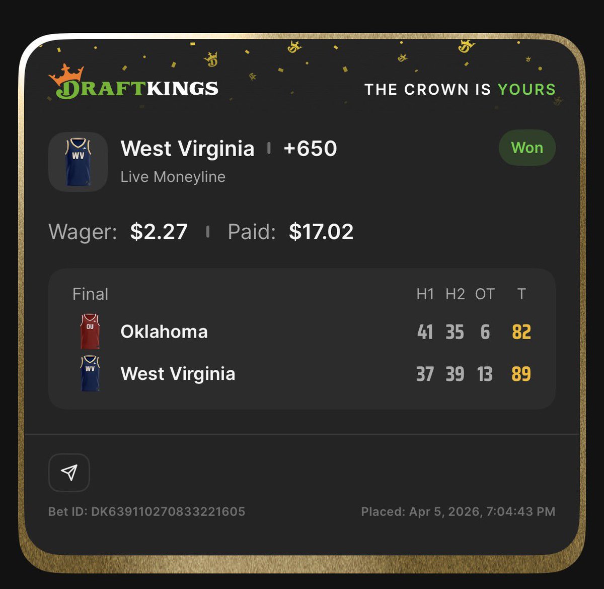DustinRGonzalez's tweet photo. @PatMcAfeeShow the crown is ours. I forgot the chip was today placed less than 10min 2nd half. Sorry for the bet being so small, last of my $10 deposit. But let’s go @WVUhoops https://t.co/iEMIHTO8sM
