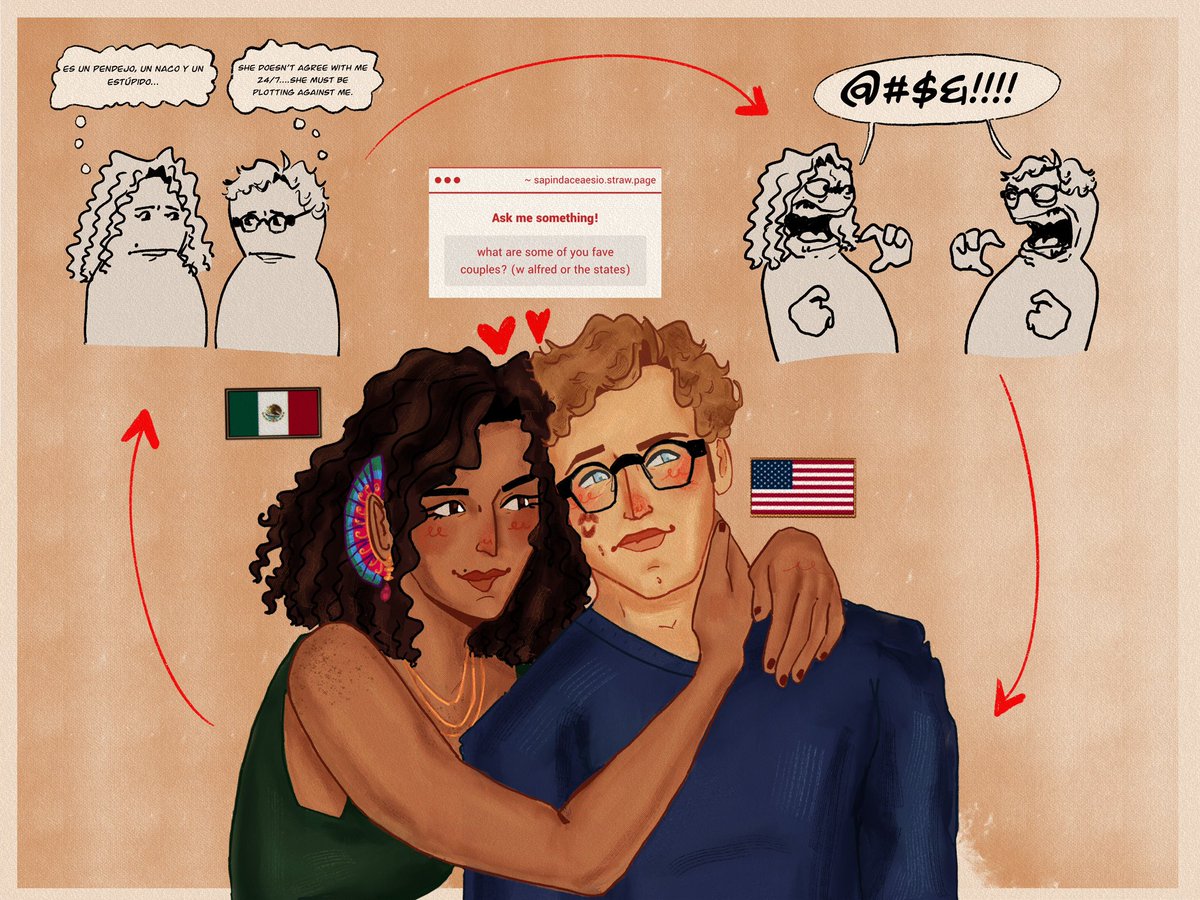 USMX ALL THE WAY! I mean c’mon guys, US-Mexican history is PEAK toxic neighbors / lovers. It’s right there! Anyways 🤣this question has sparked joy in me, so this will be a lengthy thread 

Raquel/ Mexico (c. <a href="/pirenaia/">La Pirenaia 🧄 #1 twink hater</a>)

sapindaceaesio.straw.page
