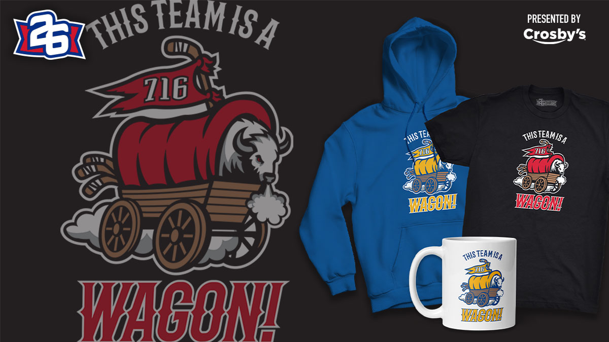 26shirts's tweet photo. All aboard! This WAGON is heading to the playoffs!!

NEW design now available. Presented by @CrosbysStores, all sales for the next two weeks help support Robert Janczak: https://t.co/s6sHAt3Fkj

#sabrehood #letsgobuffalo https://t.co/W4j02rY9pY