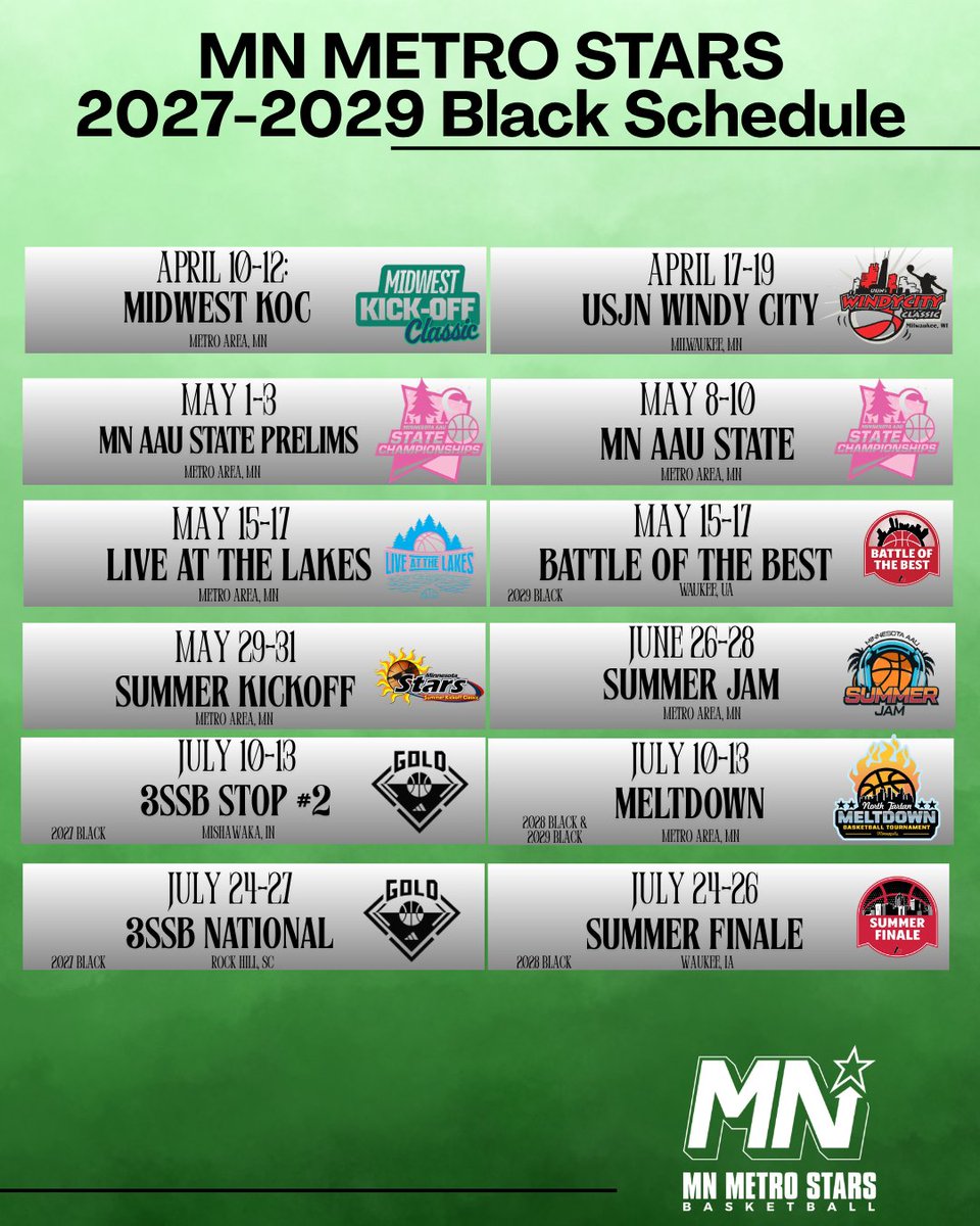 MnMetroStars's tweet photo. 2026 Tournament Schedule 
~ 2027 Black 
~ 2028 Black 
~ 2029 Black https://t.co/0ueE1cB88P