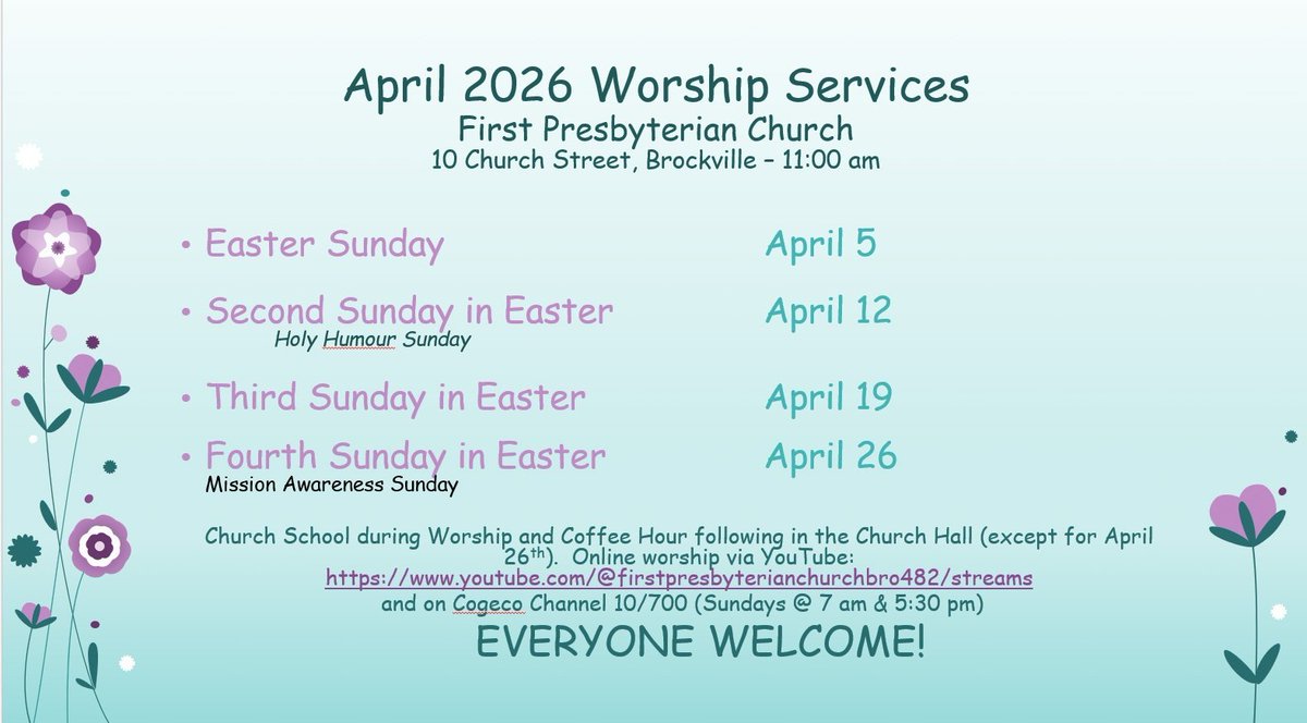 first_kirk's tweet photo. Join us this April at First Presbyterian Church, Brockville. All are welcome as we gather for worship and hope in this Season of Easter! Services are at 11 am.  You may join us in-person or online (https://t.co/IahZ3VZZNk)
Come as you are and be part of what God is doing! https://t.co/yqua5oyQmx
