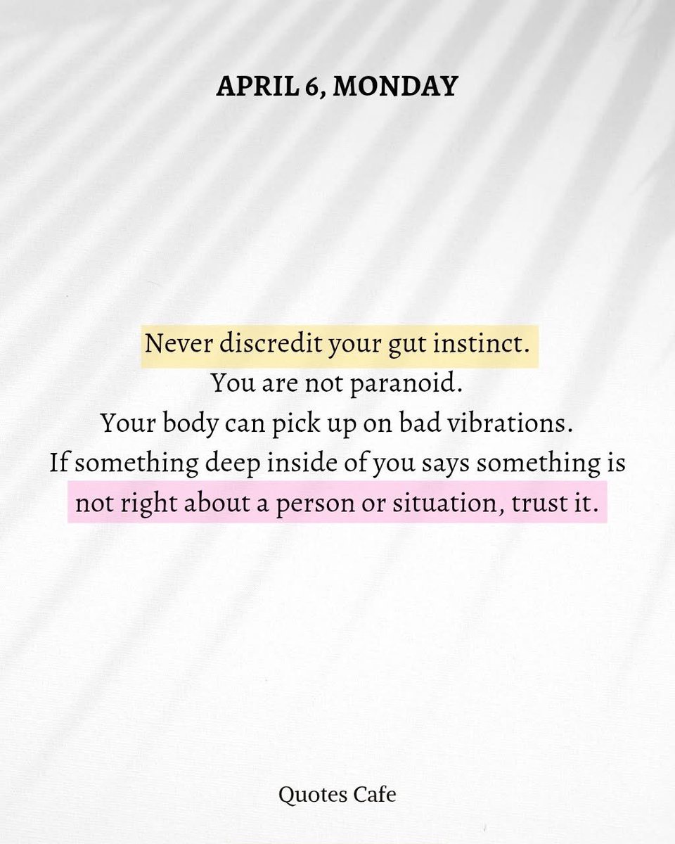 MPHickie's tweet image. A message for today …

Trust your instincts-they're there for a reason.

When something feels off, it probably is. 

Listen to your inner voice and protect your peace. #innervoice #protectyourpeace👇🏻