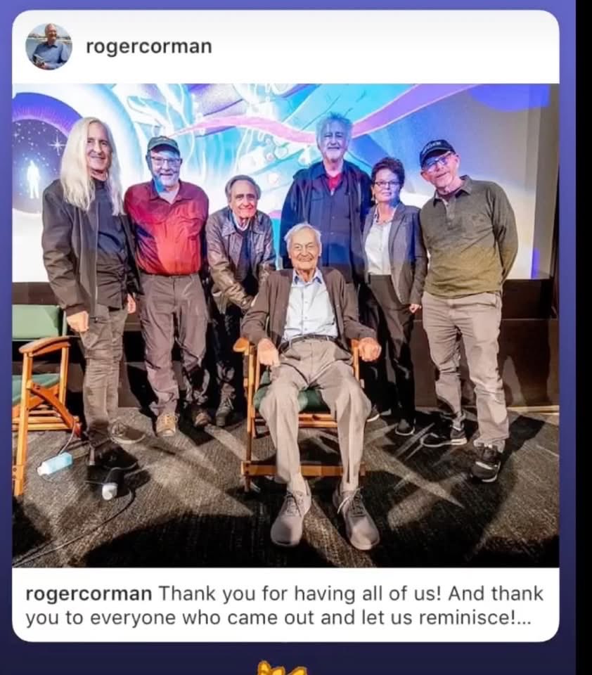 Celebrating the great Roger Corman: L to R Yours truly, Jon Davison, Joe Dante, King Roger, Allan Arkush, Amy Holden Jones, Ron Howard.