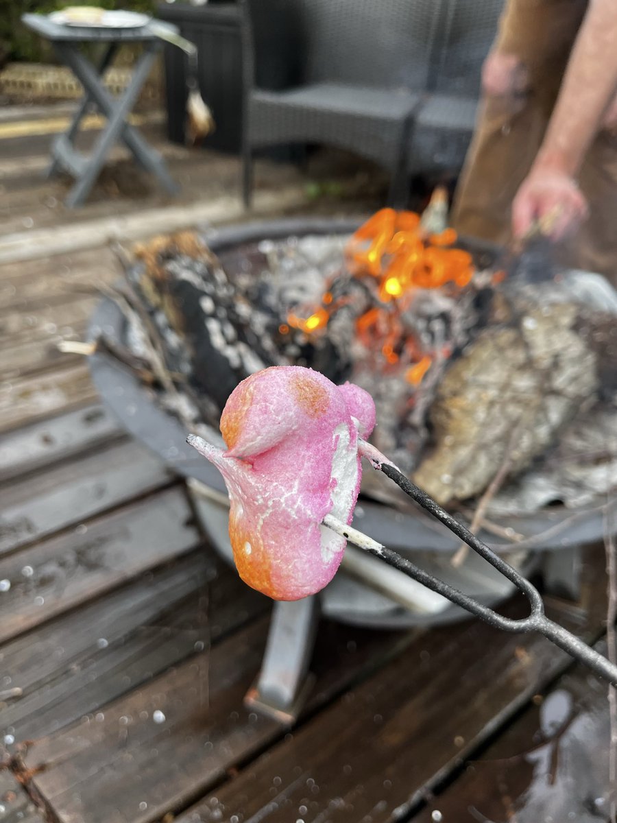 Roasted peeps accomplished!  The sugar on the outside caramelizes and gets really hot. 
Husband to kids, “Be careful not to burn your tongue.”
5 minutes later… husband, “Ow ow ow!”
He didn’t listen to his own advice.