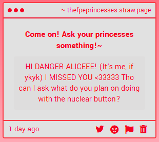 _Alice__FPE_'s tweet photo. [⚠️]: "Oh, silly little supporter~"

[⚠️]: "There is a time and place for everything~ This plan cannot be rushed..." https://t.co/ztMYhHU7EY