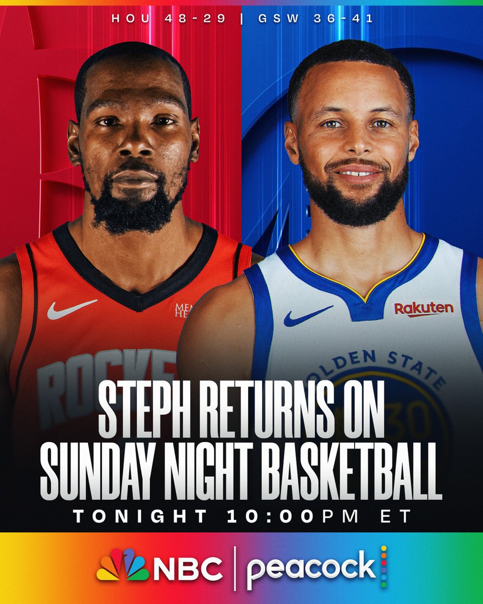 NBA's tweet image. Steph returns for Sunday Night Basketball in the Bay!

▪️ KD, West #5 Rockets sit 1.5 GB of #4
▪️ Curry in action for first time since 1/30

⏰ 10:00pm/et
📺 NBC &amp;amp; Peacock